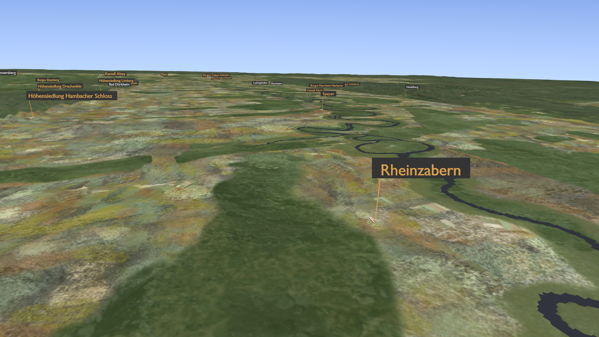 Standbild aus dem virtuellen Flug über den nördlichen Oberrhein.